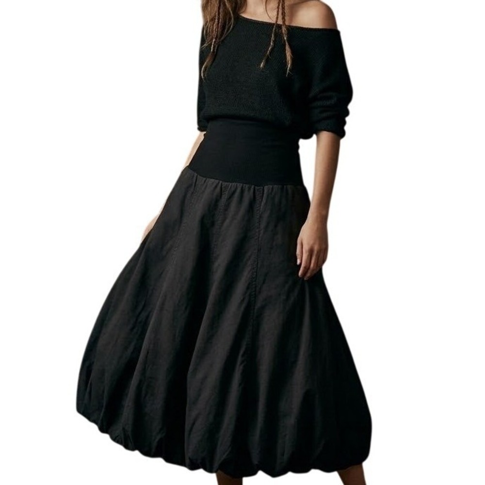 XCVI Black Bubble Hem Midi Skirt Cotton Blend Medium Whimsigoth Dark Boho $118